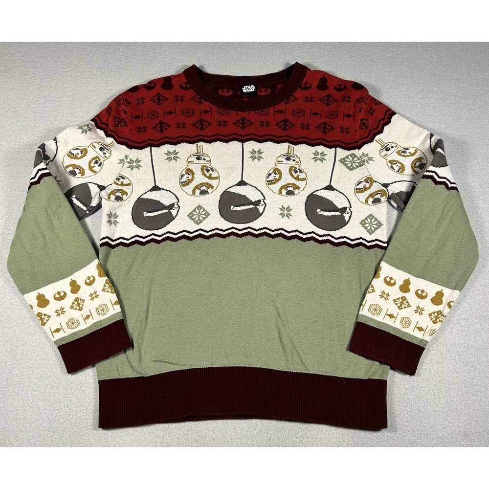 Star Wars Christmas Sweater BB-8 Mens Large Red Green Disney